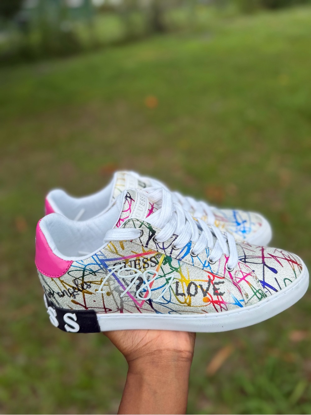 Guess White Graffiti Sneakers with Pink Heel